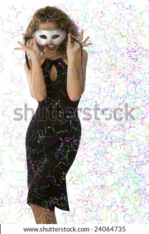 elegant stunning woman in black dress hiding face with mask happy