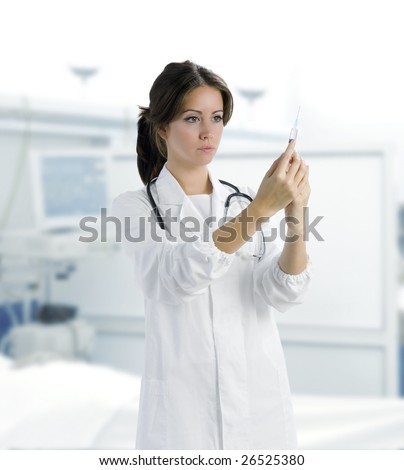 cute brunette in white medical gown and a syringe