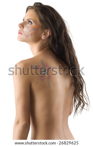 stock photo very cute woman with long hair and flower drawn on her nude 