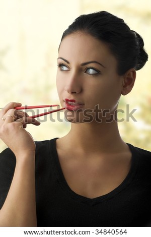 stock photo charming woman with classic japanese make up on her lips and 