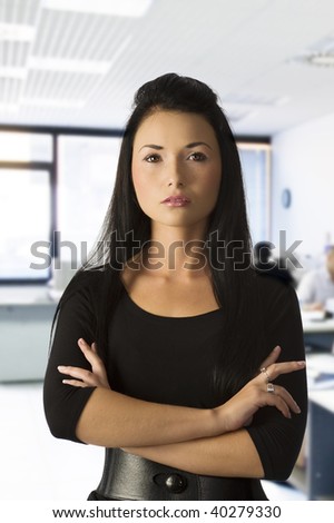 graceful asian girl office worker in black dress with dark hair