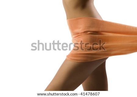 stock photo slim body of naked woman with colored material covering her