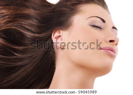 stock photo nice portrait of a cute brunette with her long hair in the 