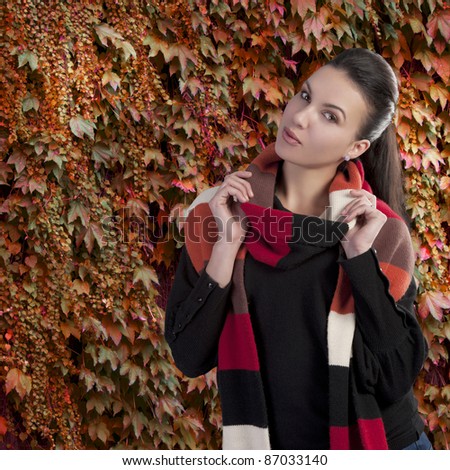 Autumn shot of a young pretty lady wearing a  dark sweater and a fall color long scarf