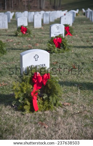 Wreaths placed at a national military cemetery as part of a Wreaths Across America event