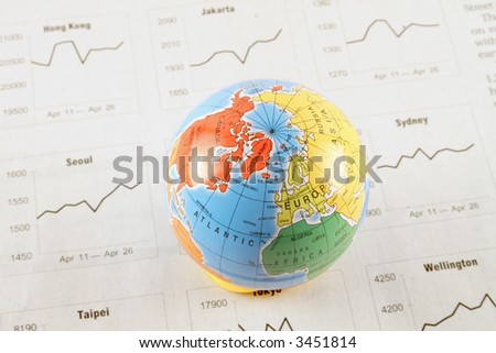 Financial section of a newspaper showing world markets, with a globe sitting on top