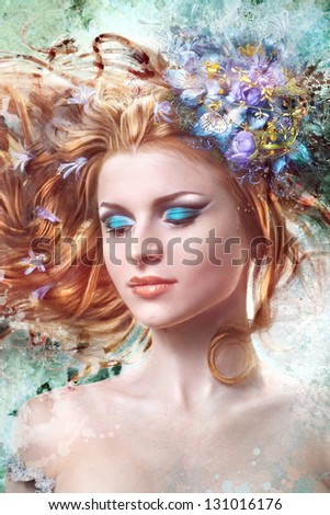 beautiful red face with closed eyes and flowers in her hair close-up