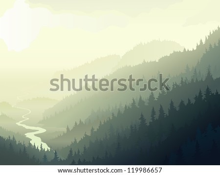 Vector illustration of wild coniferous wood with river in a morning fog.