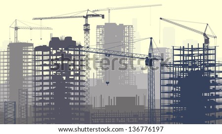 Horizontal vector illustration of construction site with cranes and skyscraper under construction in yellow-grey Horizontal vector illustration of construction site with cranes and skyscraper under construction in yellow-grey