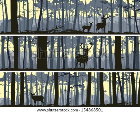 Horizontal abstract banners of wild deer in forest with trunks of trees Horizontal abstract banners of wild deer in forest with trunks of trees