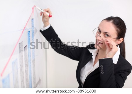 A business woman is drawing a chart/ diagram on the whiteboard.