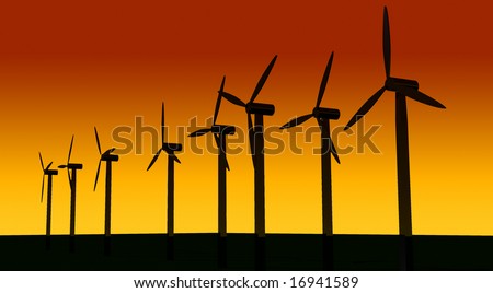 3d render illustration of a windmill farm at sunset