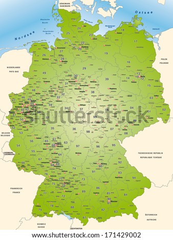 Map of Germany with postcodes and main cities in green