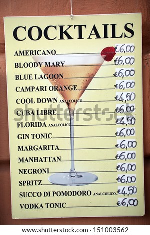MONTEROSSO - ITALY: AUG 17:  A price list of cocktails in Monterosso, Italy, on Sunday, August 17, 2013.