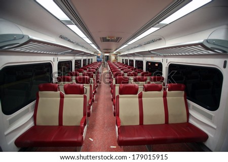 NEW YORK CITY - FEB. 16, 2014: A general interior photo of an empty Metro-North commuter train carriage in New York City on Sunday, February 16, 2014. Metro-North is a suburban railway.