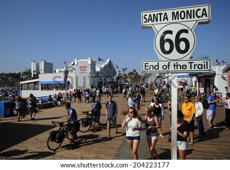SANTA MONICA, CALIFORNIA - TUES. JUNE 24, 2014: A sign commemorates the end point of Route 66 in Santa Monica, California, on Tuesday, June 24, 2014.