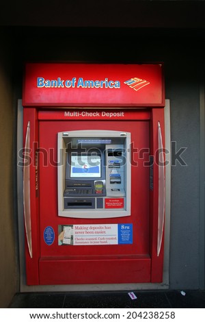HOLLYWOOD, CALIFORNIA - TUES. JUNE 24, 2014: A Bank of America automated teller machine (ATM) in Hollywood, California, on Sunday, June 29, 2014.