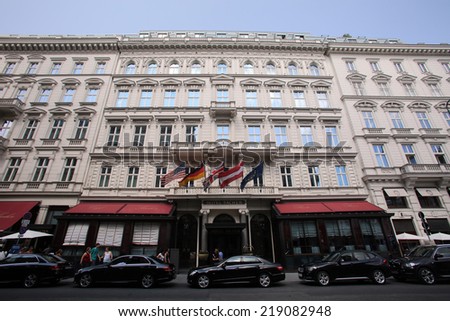 VIENNA, AUSTRIA - AUG 2, 2014: The exterior of the Hotel Sacher in Vienna, Austria, on August 2, 2014.