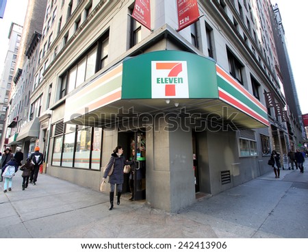NEW YORK CITY - MONDAY, DEC. 29, 2014: 7-Eleven or 7-11 is an international chain of convenience stores. 7-Eleven is the world\'s largest operator of convenience stores