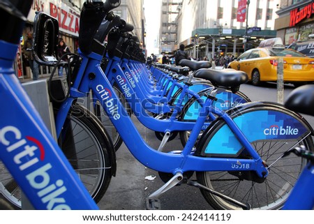 NEW YORK CITY - MONDAY, DEC. 29, 2014: A Citi Bike station in midtown Manhattan. Citi Bike is a privately owned public bicycle sharing system that serves parts of New York City.