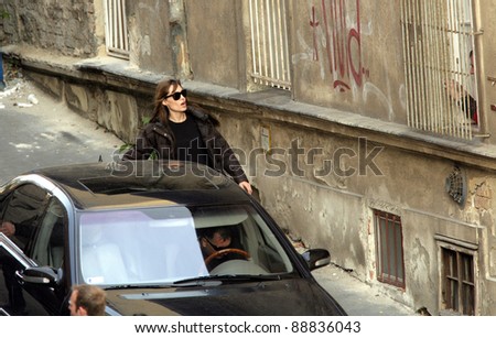 BUDAPEST - NOVEMBER 4: Angelina Jolie stops to say hello and shake the hand of a young boy next to the set of the film In The Land Of Blood And Honey in Budapest, Hungary, on Thursday, November 4, 2010. Ph
