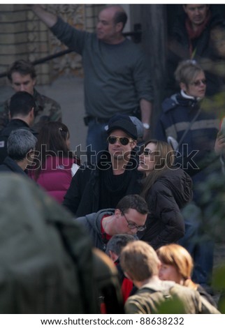 BUDAPEST - OCTOBER 13: Angelina Jolie and Brad Pitt  on the set of the Bosnian war drama she is currently directing in Budapest, Hungary, on Wednesday, October 13, 2010. Photographer: Northfoto