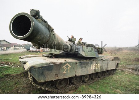 ZUPANIA, BOSNIA - JAN 22: An United States Army M1A1 tank on patrol near Zupanja, Bosnia, on Sunday, January 22, 1995.  The U.S. Army is in Bosnia as part of the United Nations peace keeping effort.