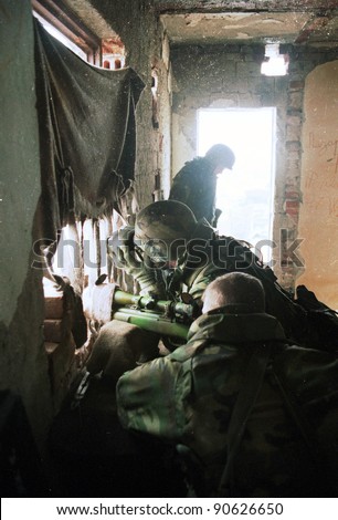 TUZLA, BOSNIA - JAN 26: United States Army troops, in Bosnia as part of NATO's IFOR,  protect a front-line headquarters position near Tuzla, Bosnia, on Thursday, January 26, 1995.