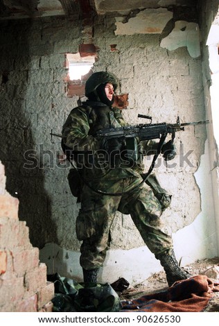TUZLA, BOSINA - JAN 26: United States Army troops, in Bosnia as part of NATO\'s IFOR,  protect a front-line headquarters position on January 26, 1995 in Tuzla, Bosnia.