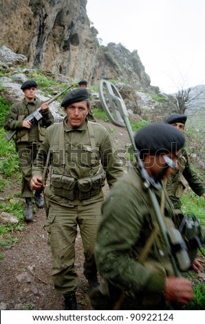 NORTHERN IRAQ - MAY 2: Turkish troops guard a strategic hilltop in northern Iraq. Turkey has again sent in its army to crush Kurdish guerrilla forces on May 2, 1998 in Northern Iraq.