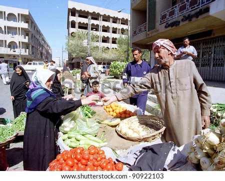 BAGHDAD, IRAQ - MARCH 11:  Although Iraq has been under an international embargo for its invasion of Kuwait in 1990, fresh food remains plentiful at all of Baghdad\'s outdoor markets on March 11, 1999 in Baghdad, Iraq.