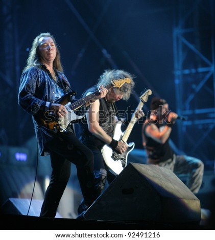 BUDAPEST, HUNGARY - AUG 14: British heavy metal legends Iron Maiden in concert at the annual Sziget music festival on Saturday, August 14, 2010 in Budapest, Hungary