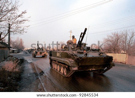 MOZDOK, RUSSIA - JANUARY 12: A column of Russian army armor makes its way south from a Russian army base towards the front lines of Chechnya on January 12, 2000 in Mozdok, Russia (C) Photo Credit: Mark H. Milstein