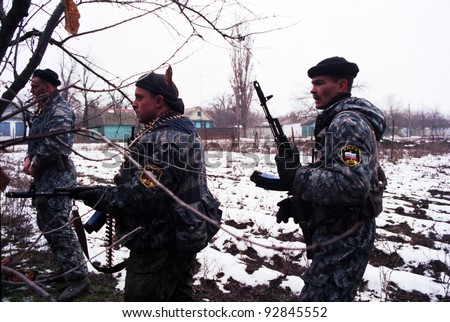 N CHECHNYA - JAN 4: Russian army special forces (OMON) on patrol in northern Chechnya on Wednesday, January 4, 1995