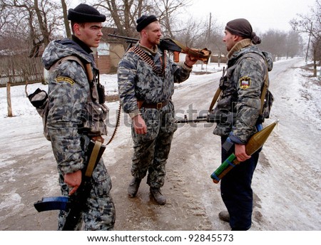 NORTHERN CHECHNYA - JANUARY 4: Russian army special forces (OMON) on patrol on Jan 4, 1995 in Chechnya.