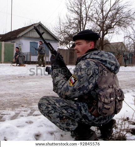 NORTHERN CHECHNYA - JANUARY 4: Russian army special forces (OMON) on patrol on Jan 4, 1995 in Chechnya.