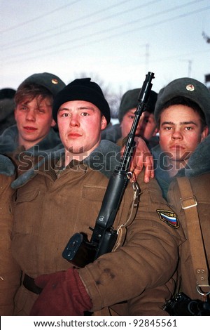 GUDERMES, CHECHNYA - JANUARY 15: Young Russian ministry of interior conscripts line up before beginning their patrols of Chechnya\'s second largest city, Gudermes in Gudermes, Chechnya, on Sunday, January 15, 2000.