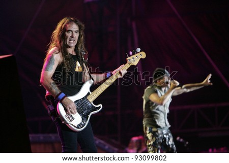 BUDAPEST - AUG 12: Iron Maiden in concert at the annual Sziget Musical Festival in Budapest, Hungary, on Tuesday, August 12, 2008. Pictured is singer Bruce Dickinson.