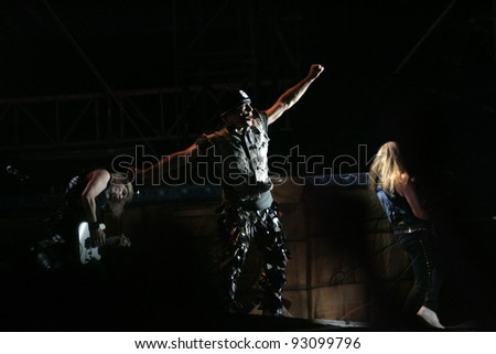 BUDAPEST - AUG 12: Iron Maiden in concert at the annual Sziget Musical Festival in Budapest, Hungary, on Tuesday, August 12, 2008. Pictured is singer Bruce Dickinson.