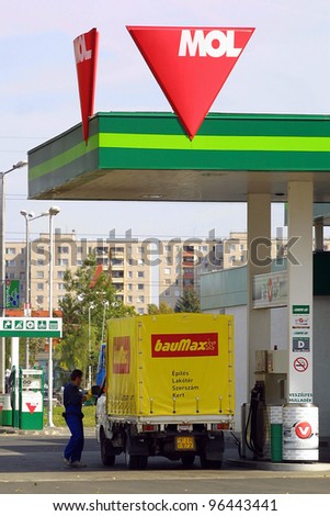 BUDAPEST, HUNGARY - SEPTEMBER 15: A MOL gas station. MOL is Hungary and Central Europe\'s  largest oil and natural gas producer and retailer on Sept 15, 2003 in Budapest, Hungary