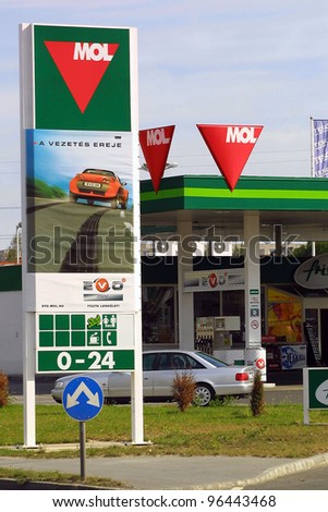 BUDAPEST, HUNGARY - SEPTEMBER 15: A MOL gas station. MOL is Hungary and Central Europe\'s  largest oil and natural gas producer and retailer on Sept 15, 2003 in Budapest, Hungary