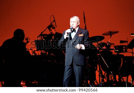 WASHINGTON, D.C. - JULY 21: Frank Sinatra sings to a sellout crowd at the Warner Theater in Washington, D.C. Backing Sinatra was the Nelson Riddle Orchestra on July 21, 1991 in Washington DC