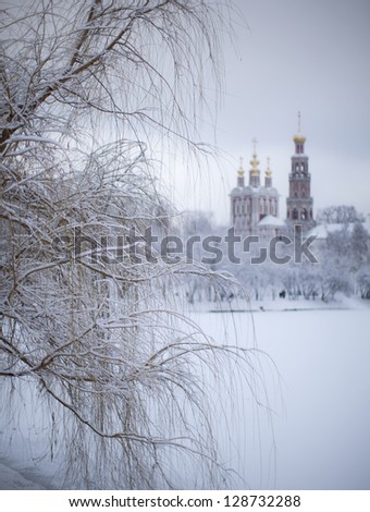 Winter view to covered with snow Novodevichy monastery in Moscow
