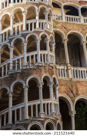 Secret gem of Venice named Palazzo Contarini del Bovolo with famous staircase details in vertical position, Italy