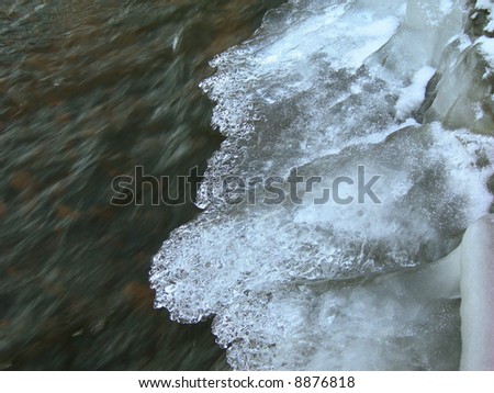 Brook is covered by ice and water flows under them with a small strem