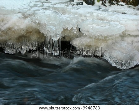 Brook is covered by ice and water flows under them with a small stream