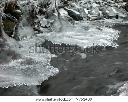 Brook is covered by ice and water flows under them with a small stream