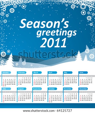 Vector Calendar 2011. Blue landscape with snowflakes and Season\'s greetings text