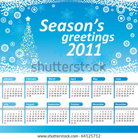 2011 Calendar on Calendar 2011  Vector Blue Background With Christmas Tree  Snowflakes