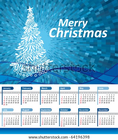 Holiday Calendars 2011 on Vector   Calendar 2011 With Shine Blue Wave Background  Christmas